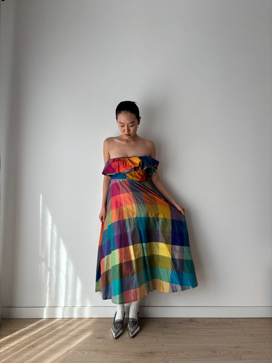 1950s Vintage Rainbow Plaid Silk Couture Dress, Multi-Color Pure Silk Retro Evening Gown