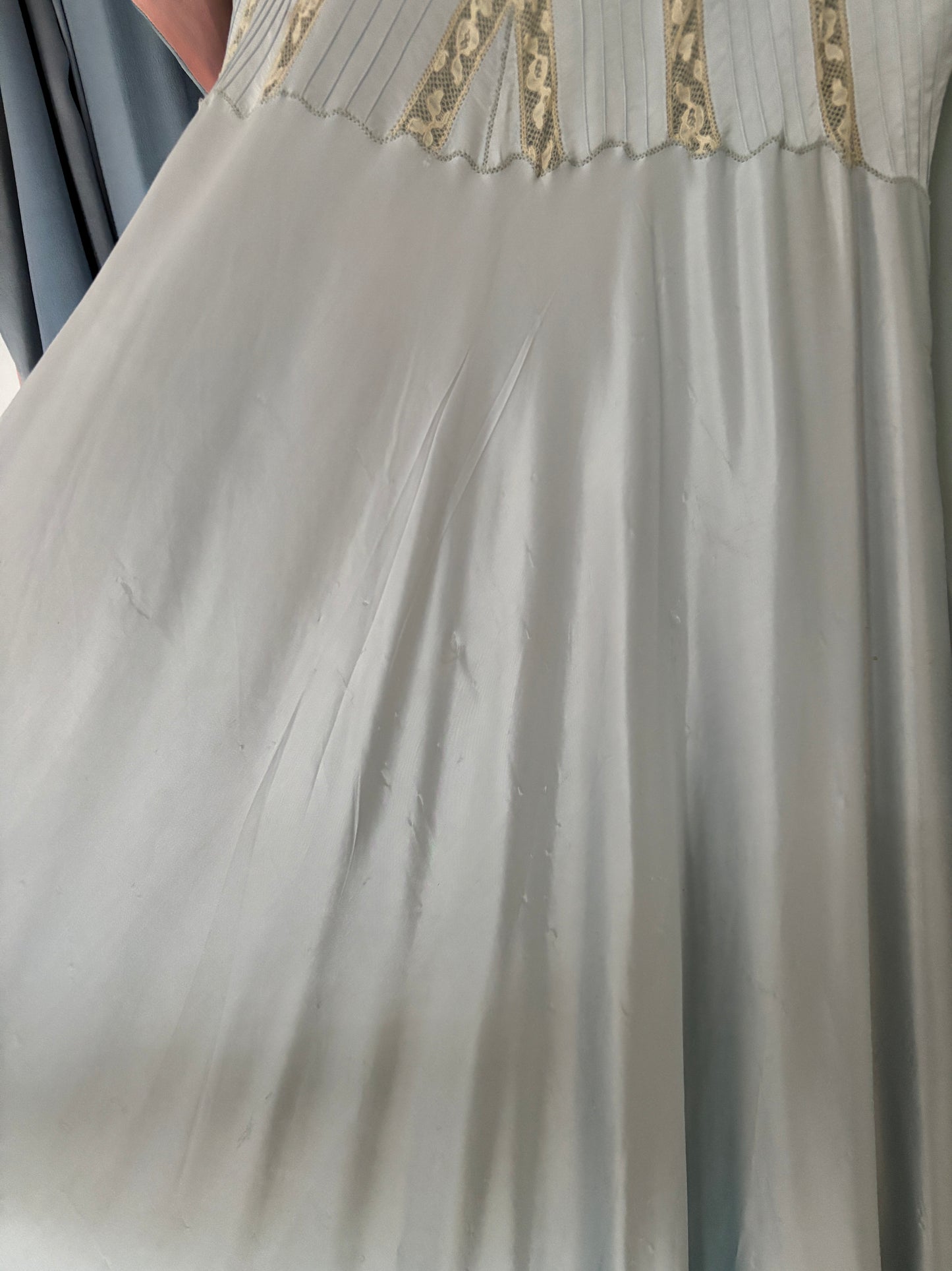 1930s Lace Silk Satin Dress, 1940s Antique Pastel Blue Lace Nightgown