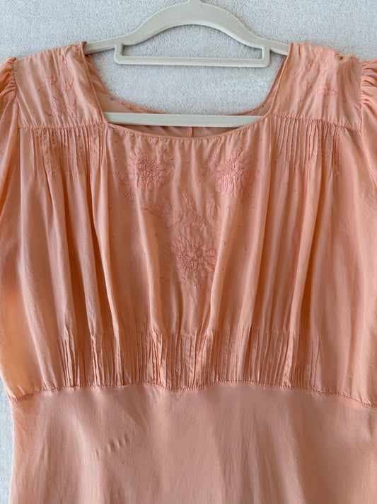 1930s Bias-Cut Peach Silk Dress With Embroidered Bodice, Square Neck, Empire Waist Gown