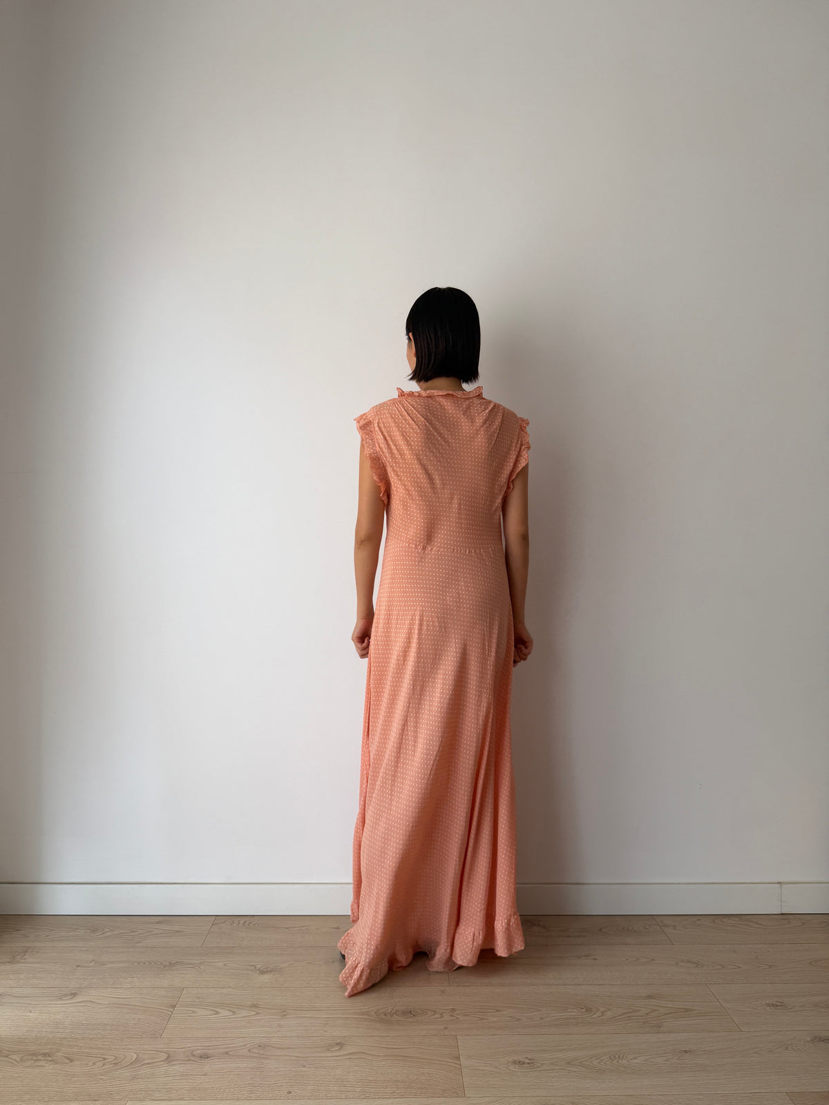 1940s Peach Polka Dot Maxi Dress | Romantic Vintage Original Ruffled Bias Cut Gown