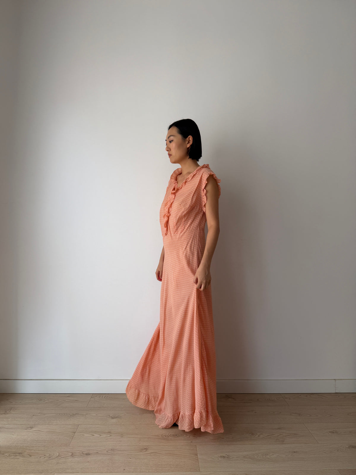 1940s Peach Polka Dot Maxi Dress | Romantic Vintage Original Ruffled Bias Cut Gown