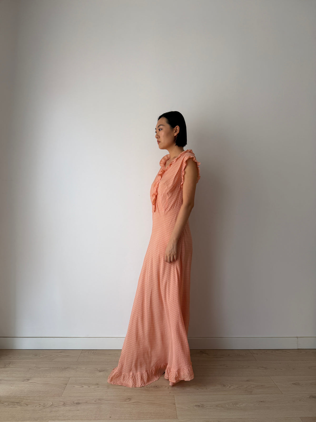 1940s Peach Polka Dot Maxi Dress | Romantic Vintage Original Ruffled Bias Cut Gown