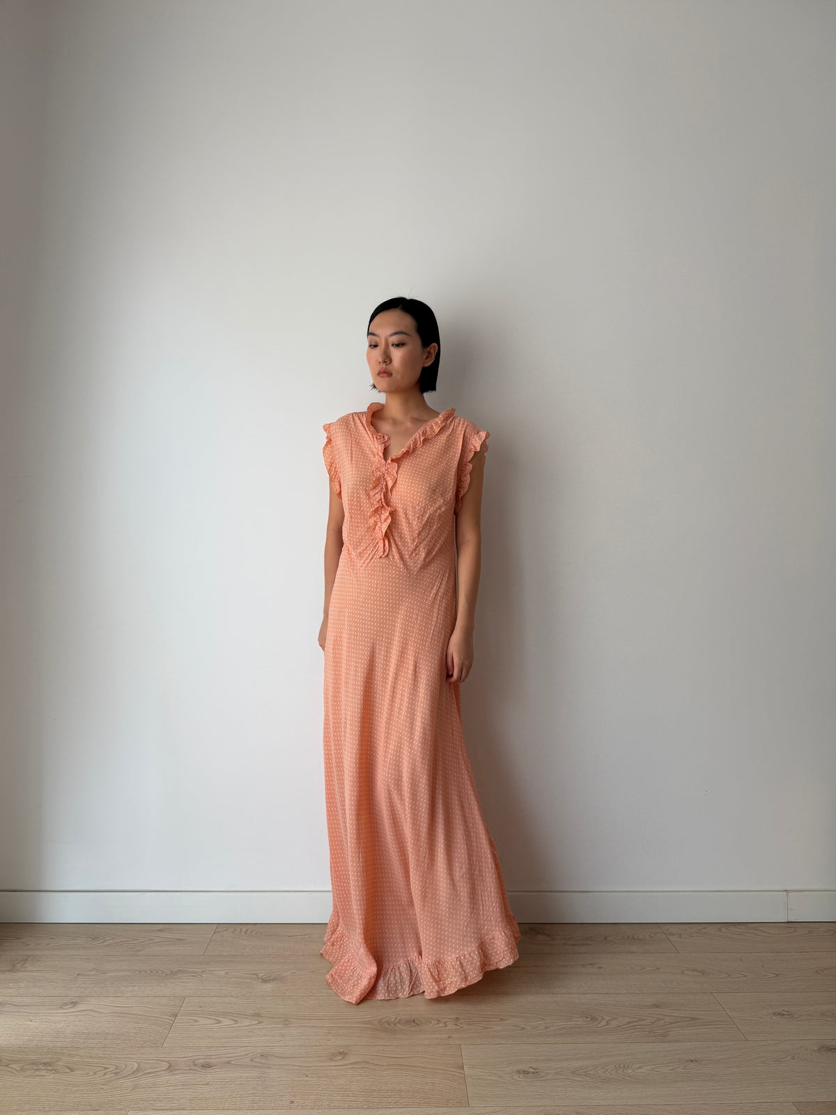 1940s Peach Polka Dot Maxi Dress | Romantic Vintage Original Ruffled Bias Cut Gown