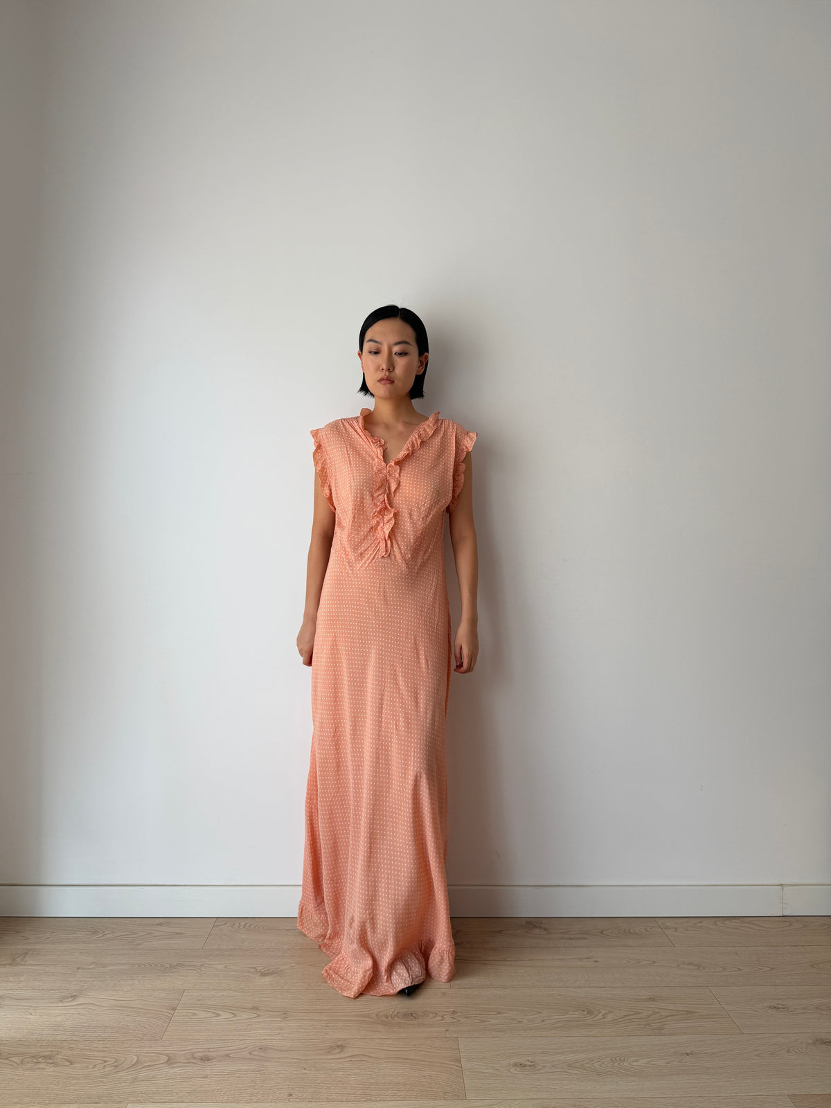 1940s Peach Polka Dot Maxi Dress | Romantic Vintage Original Ruffled Bias Cut Gown