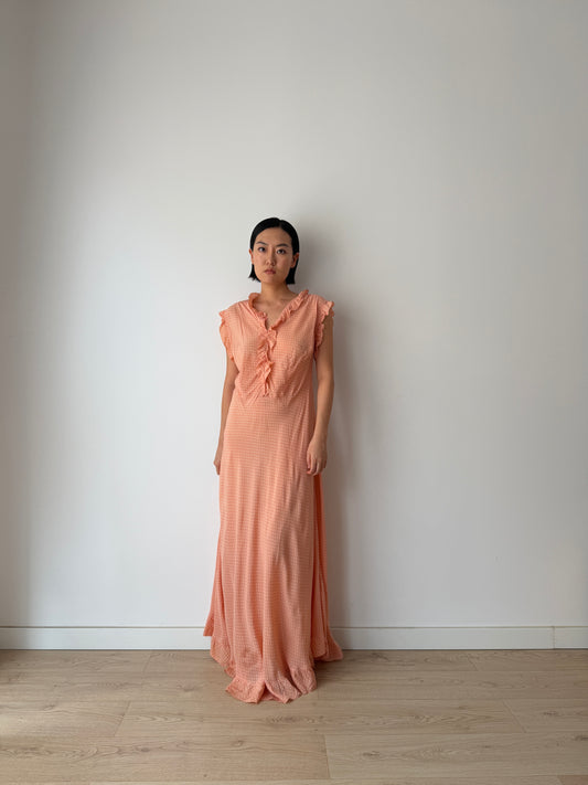 1940s Peach Polka Dot Maxi Dress | Romantic Vintage Original Ruffled Bias Cut Gown