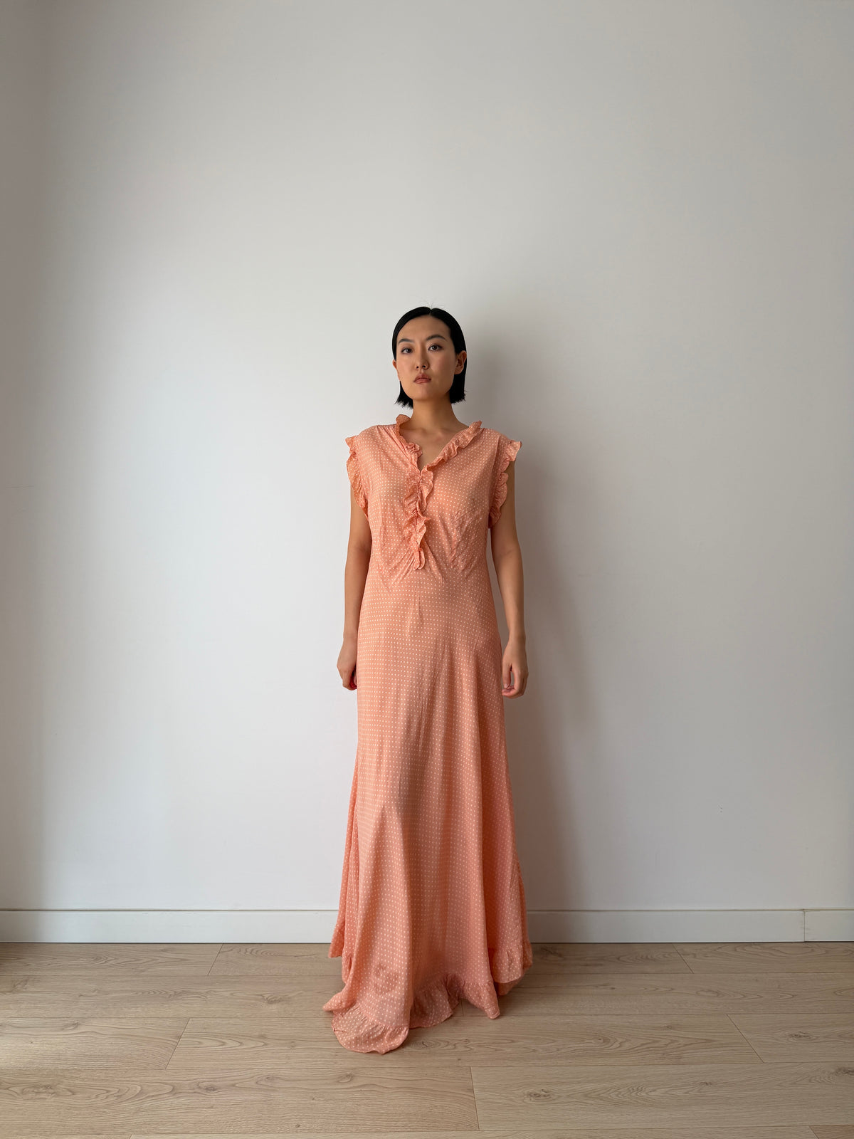 1940s Peach Polka Dot Maxi Dress | Romantic Vintage Original Ruffled Bias Cut Gown