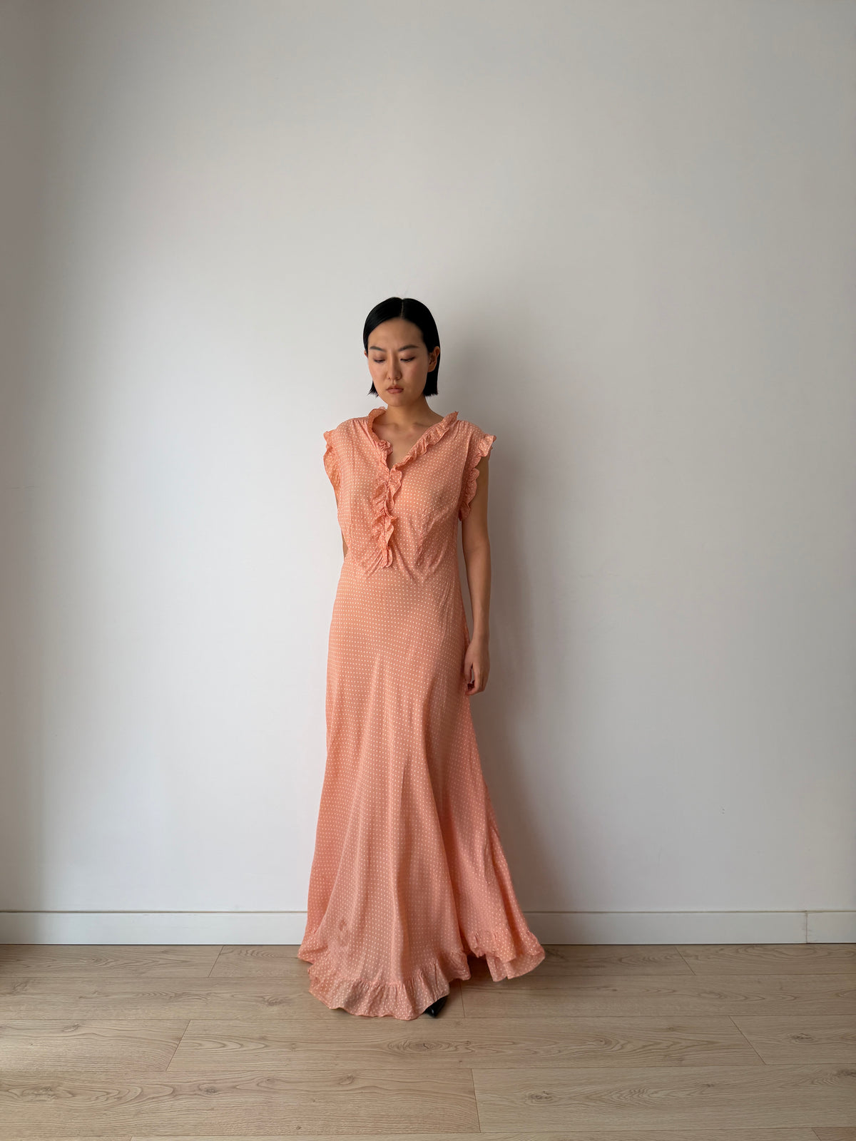 1940s Peach Polka Dot Maxi Dress | Romantic Vintage Original Ruffled Bias Cut Gown