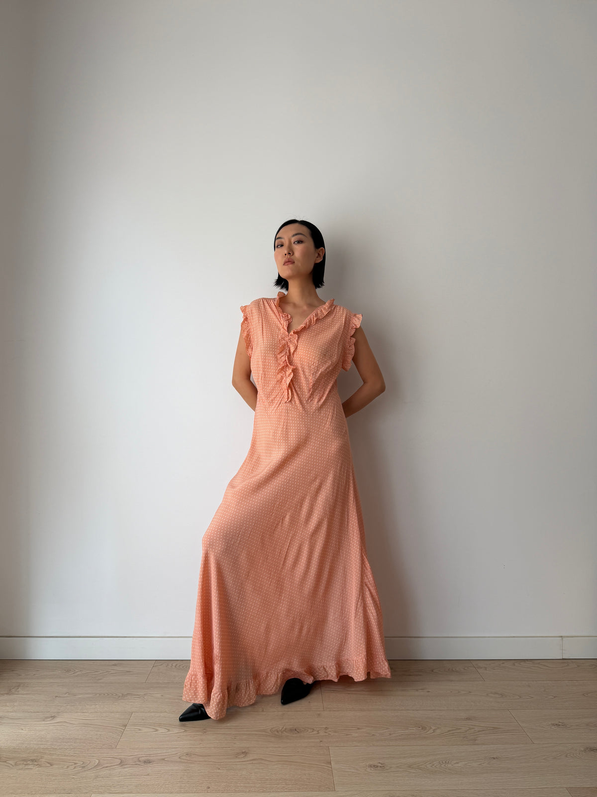 1940s Peach Polka Dot Maxi Dress | Romantic Vintage Original Ruffled Bias Cut Gown
