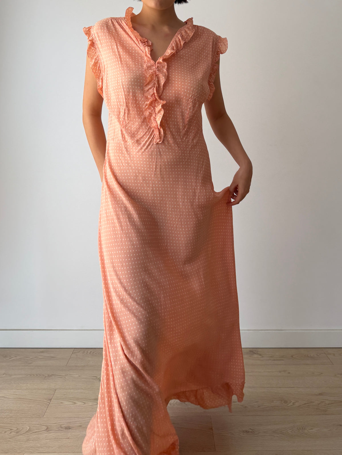 1940s Peach Polka Dot Maxi Dress | Romantic Vintage Original Ruffled Bias Cut Gown