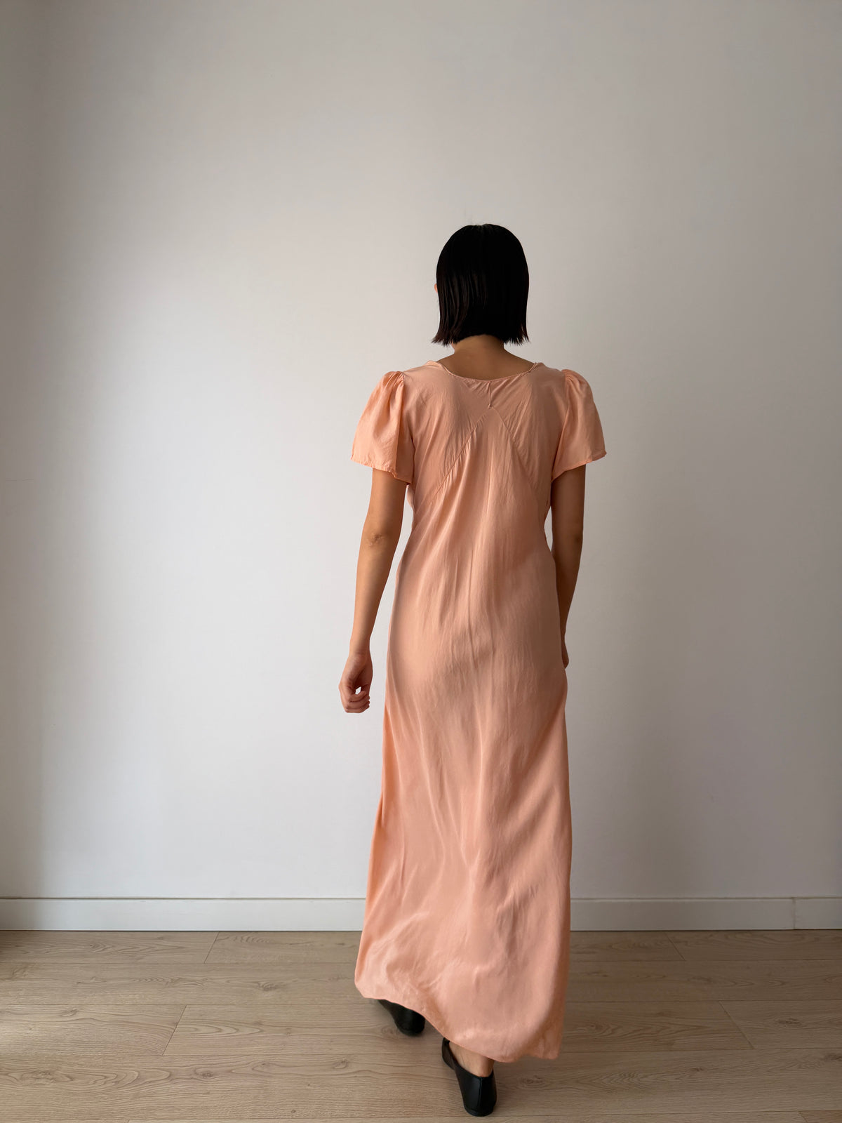 1930s Bias-Cut Peach Silk Dress With Embroidered Bodice, Square Neck, Empire Waist Gown