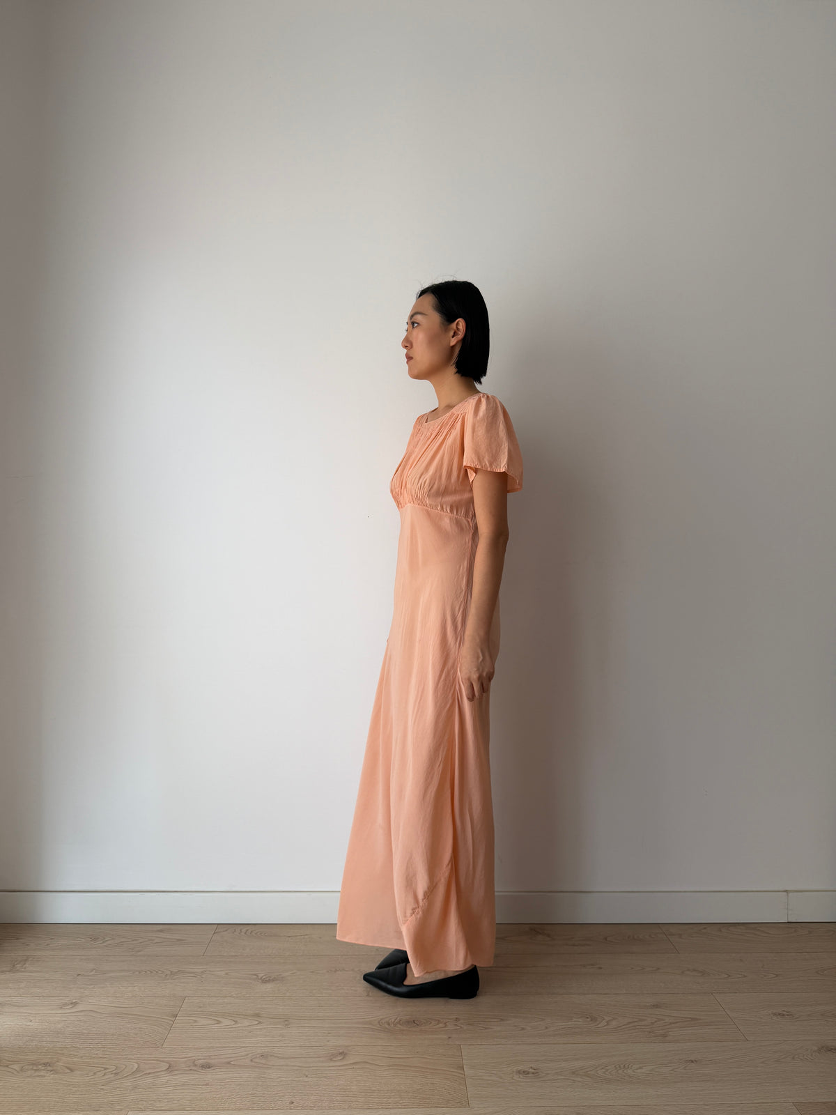 1930s Bias-Cut Peach Silk Dress With Embroidered Bodice, Square Neck, Empire Waist Gown
