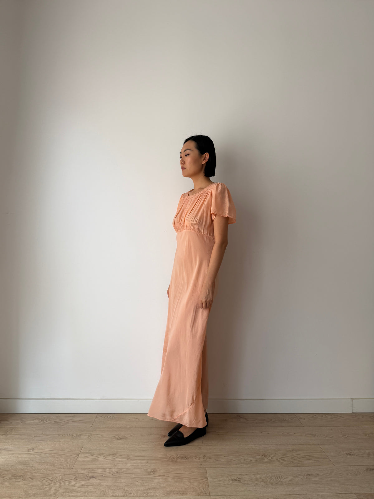 1930s Bias-Cut Peach Silk Dress With Embroidered Bodice, Square Neck, Empire Waist Gown
