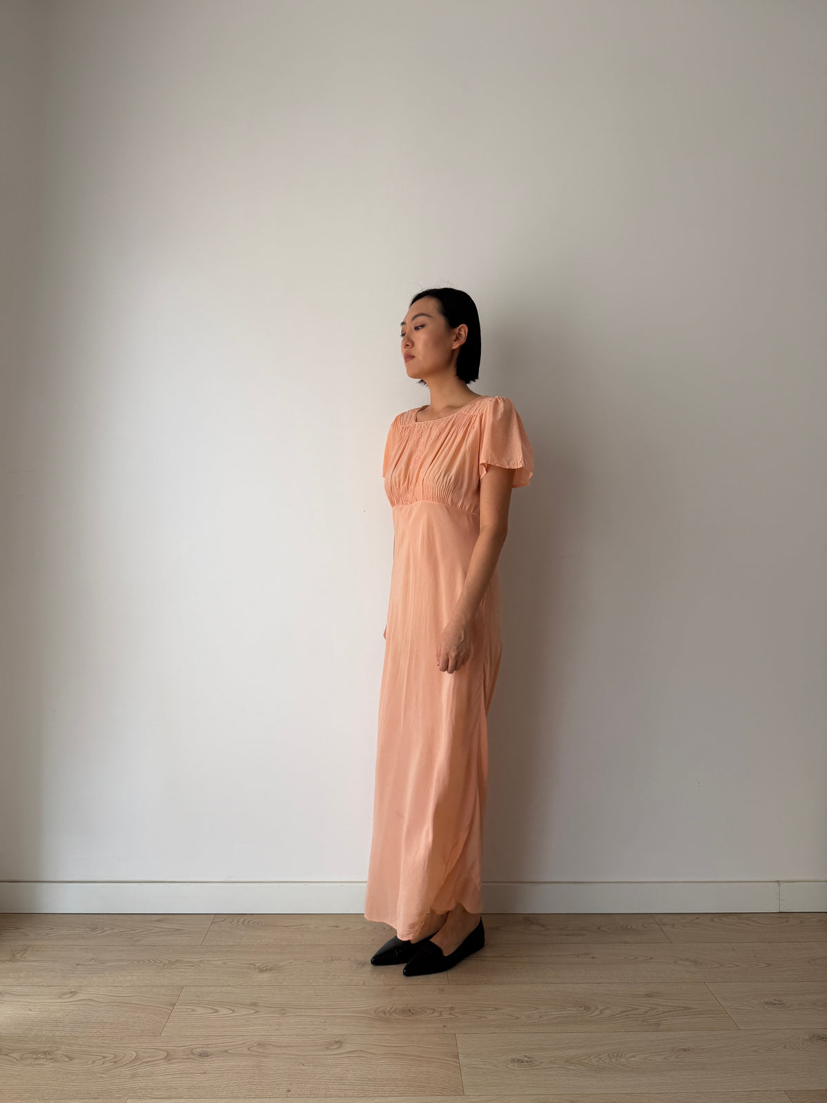 1930s Bias-Cut Peach Silk Dress With Embroidered Bodice, Square Neck, Empire Waist Gown