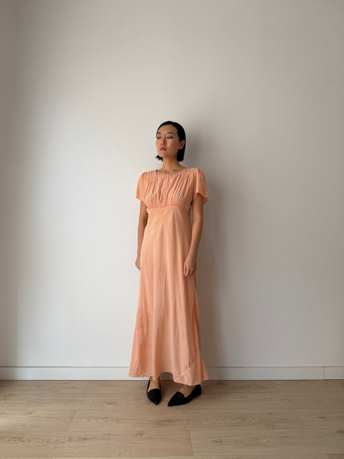1930s Bias-Cut Peach Silk Dress With Embroidered Bodice, Square Neck, Empire Waist Gown