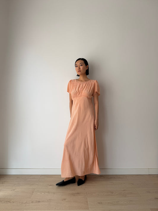 1930s Bias-Cut Peach Silk Dress With Embroidered Bodice, Square Neck, Empire Waist Gown