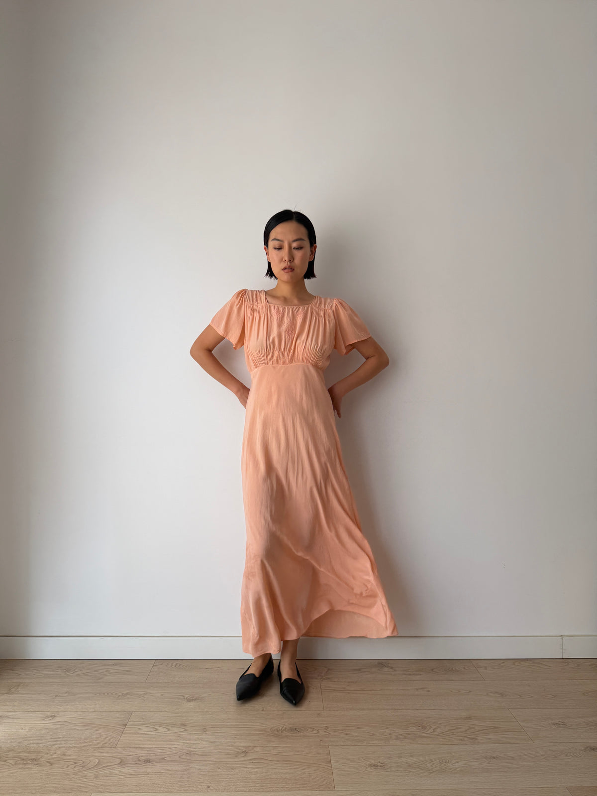 1930s Bias-Cut Peach Silk Dress With Embroidered Bodice, Square Neck, Empire Waist Gown