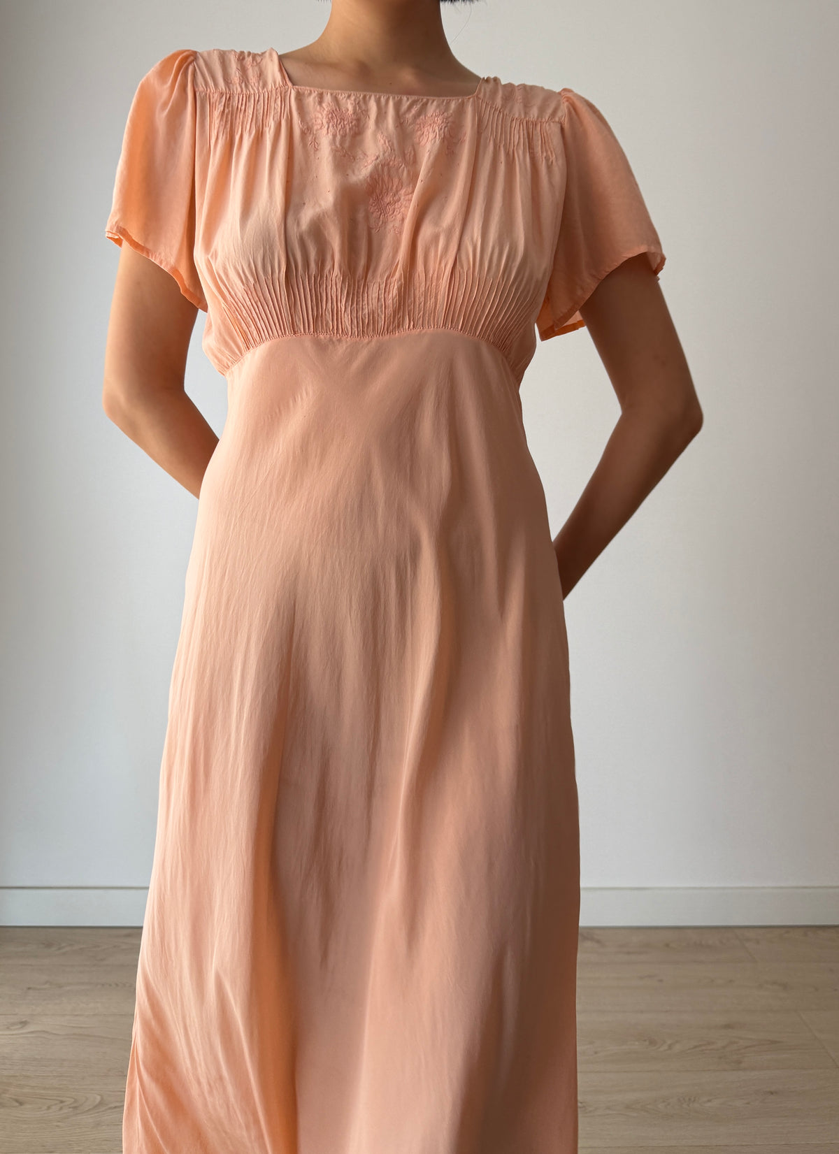1930s Bias-Cut Peach Silk Dress With Embroidered Bodice, Square Neck, Empire Waist Gown