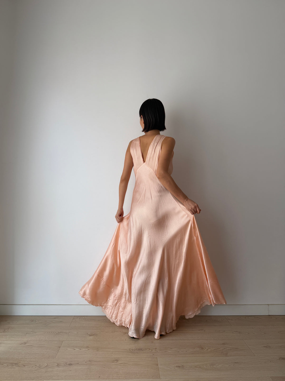 1940s Pale Peach Silk Satin Maxi Dress | Romantic Blush Bias Cut Gown, Tie Neck, Floor Length