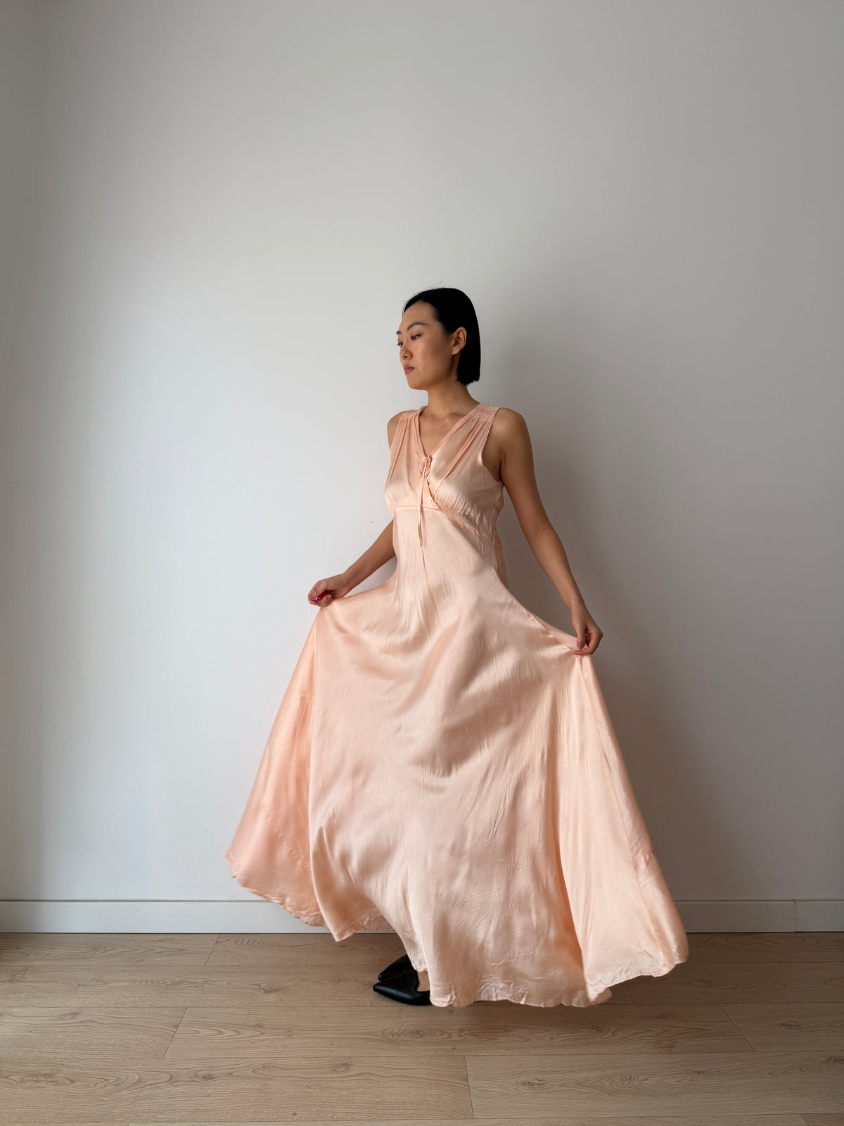 1940s Pale Peach Silk Satin Maxi Dress | Romantic Blush Bias Cut Gown, Tie Neck, Floor Length