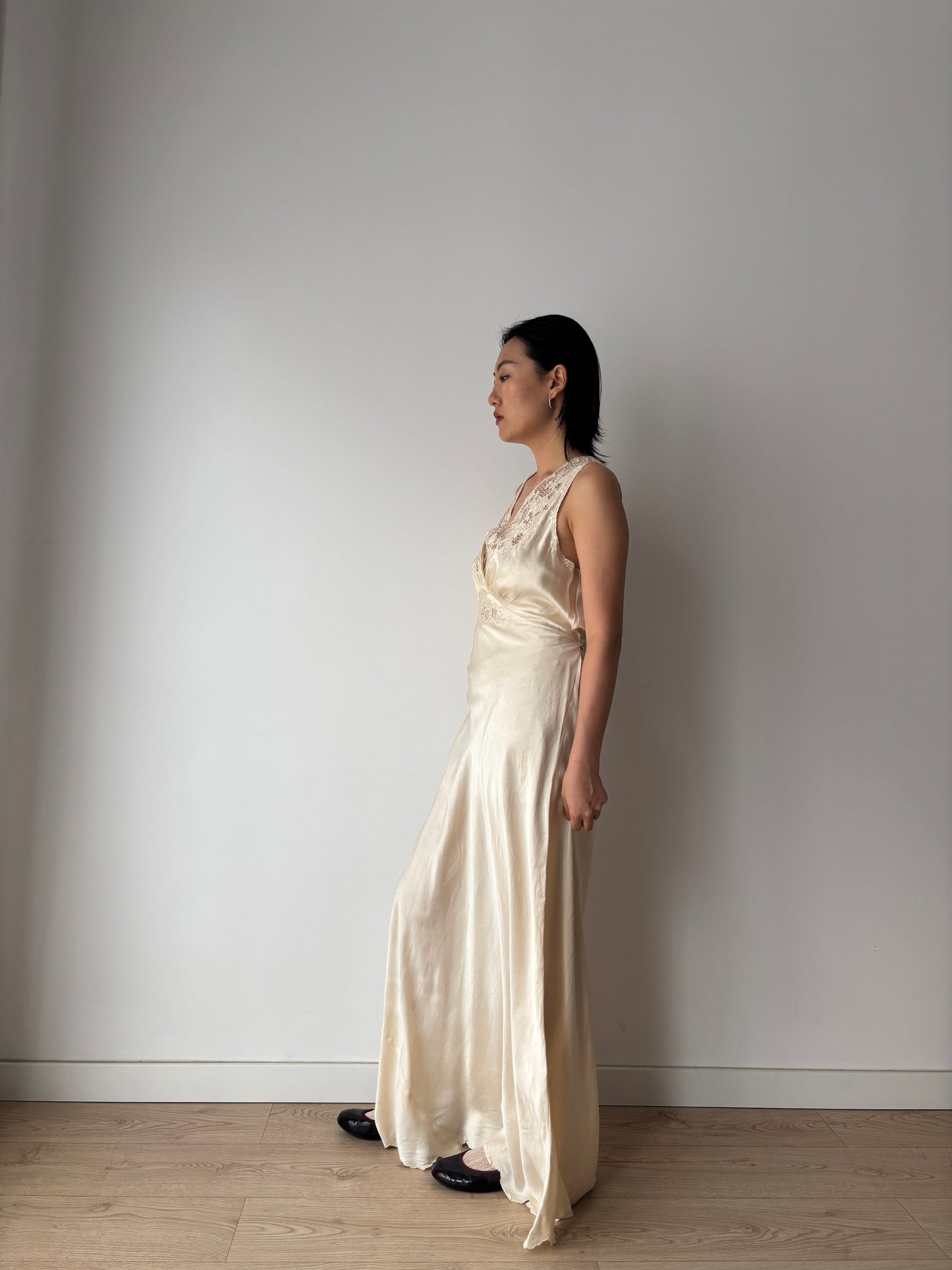 Vintage 1930s Silk Satin Nightgown: Lace Art Deco Maxi Slip Dress