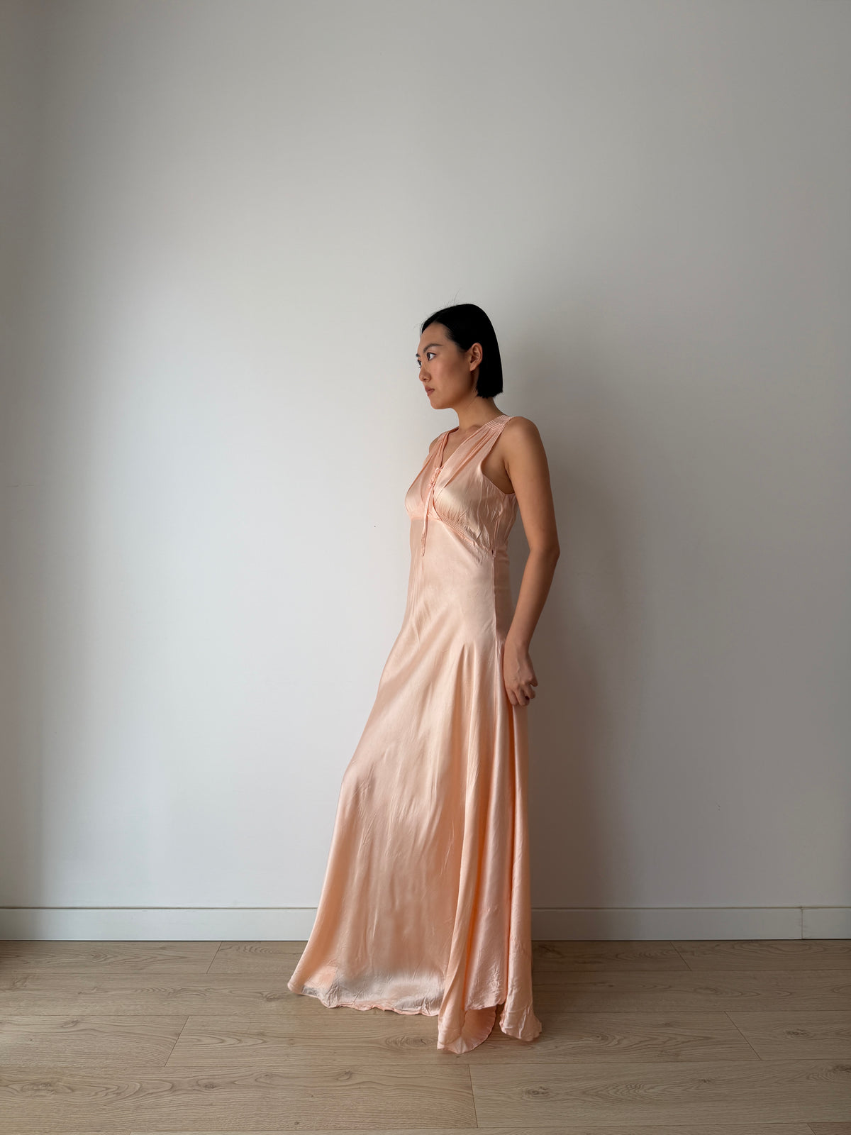 1940s Pale Peach Silk Satin Maxi Dress | Romantic Blush Bias Cut Gown, Tie Neck, Floor Length