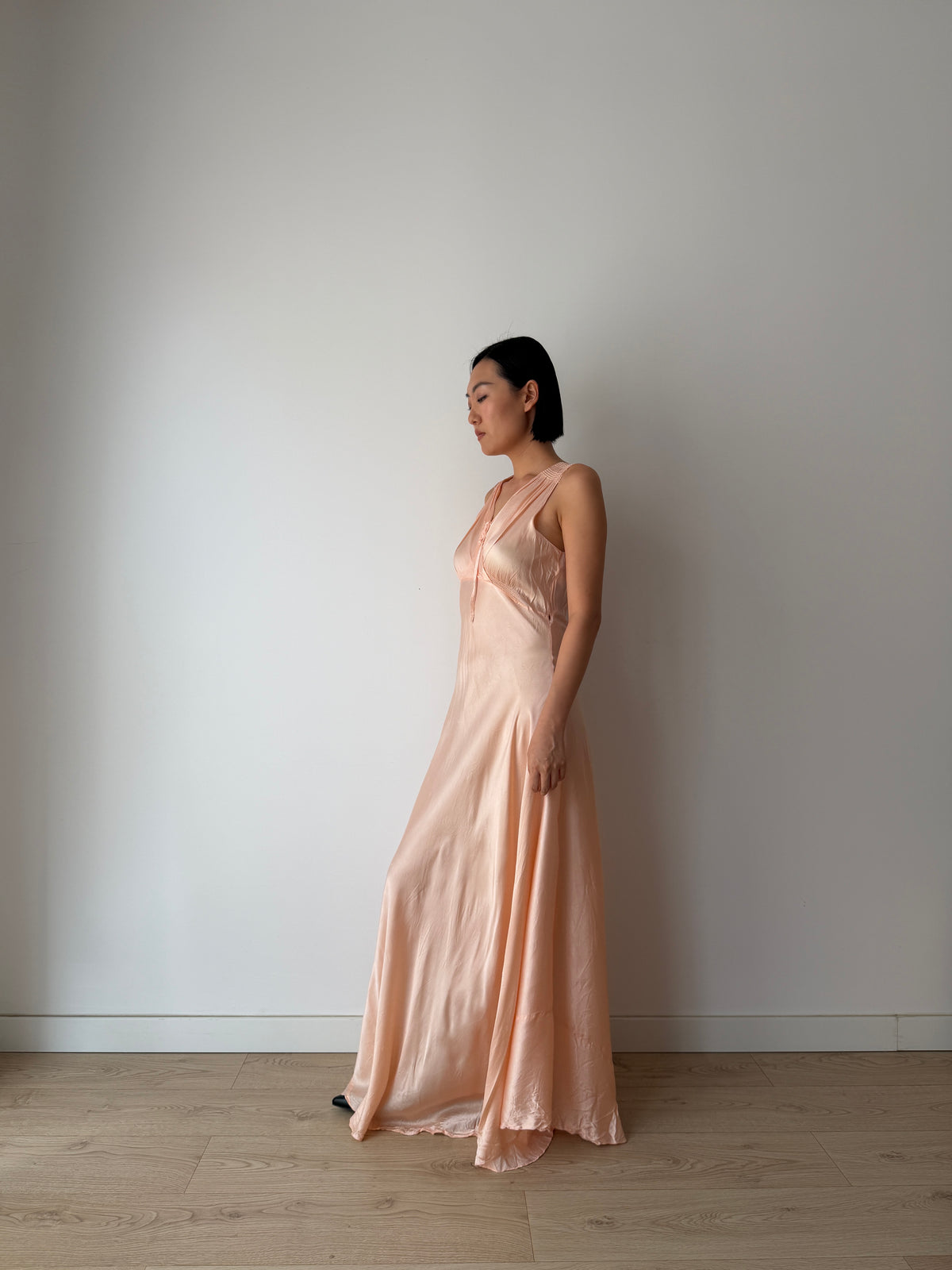 1940s Pale Peach Silk Satin Maxi Dress | Romantic Blush Bias Cut Gown, Tie Neck, Floor Length
