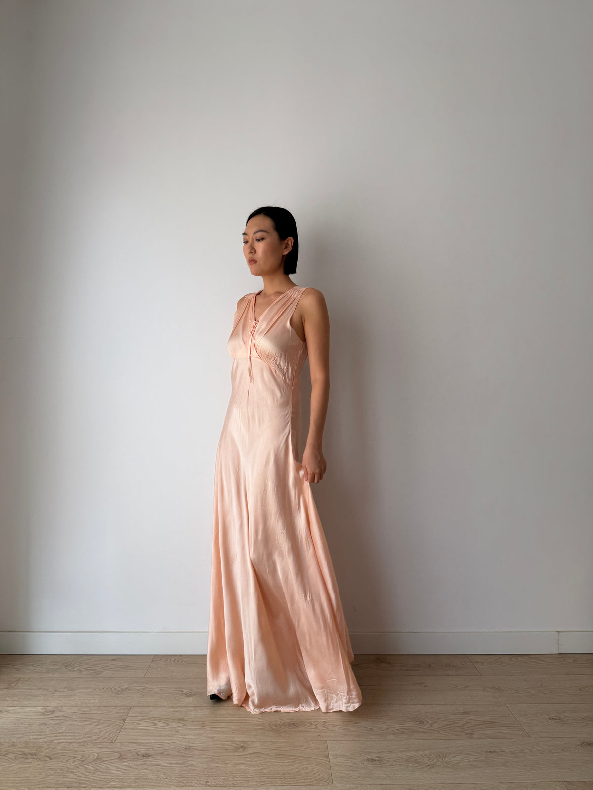 1940s Pale Peach Silk Satin Maxi Dress | Romantic Blush Bias Cut Gown, Tie Neck, Floor Length