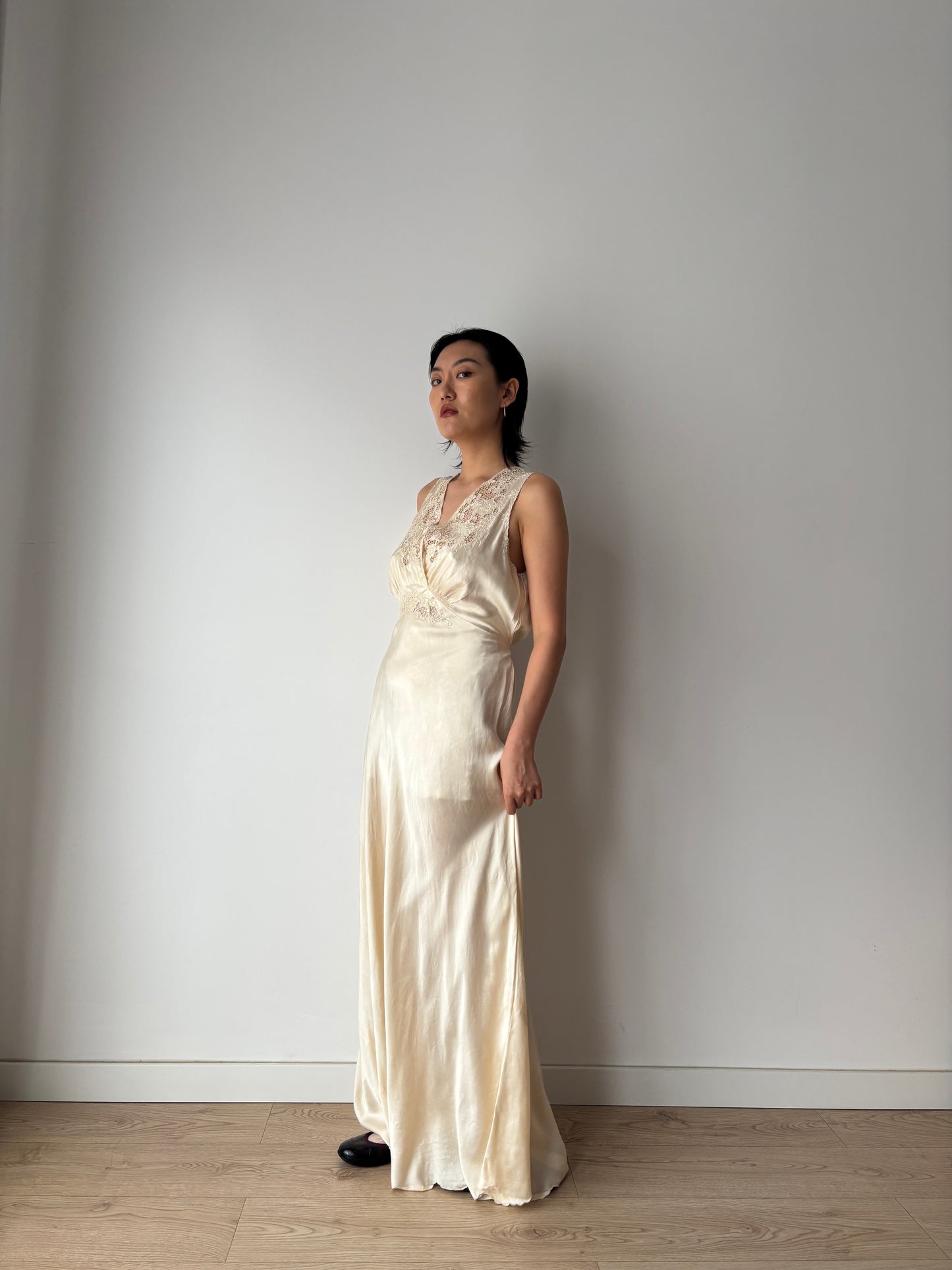 Vintage 1930s Silk Satin Nightgown: Lace Art Deco Maxi Slip Dress