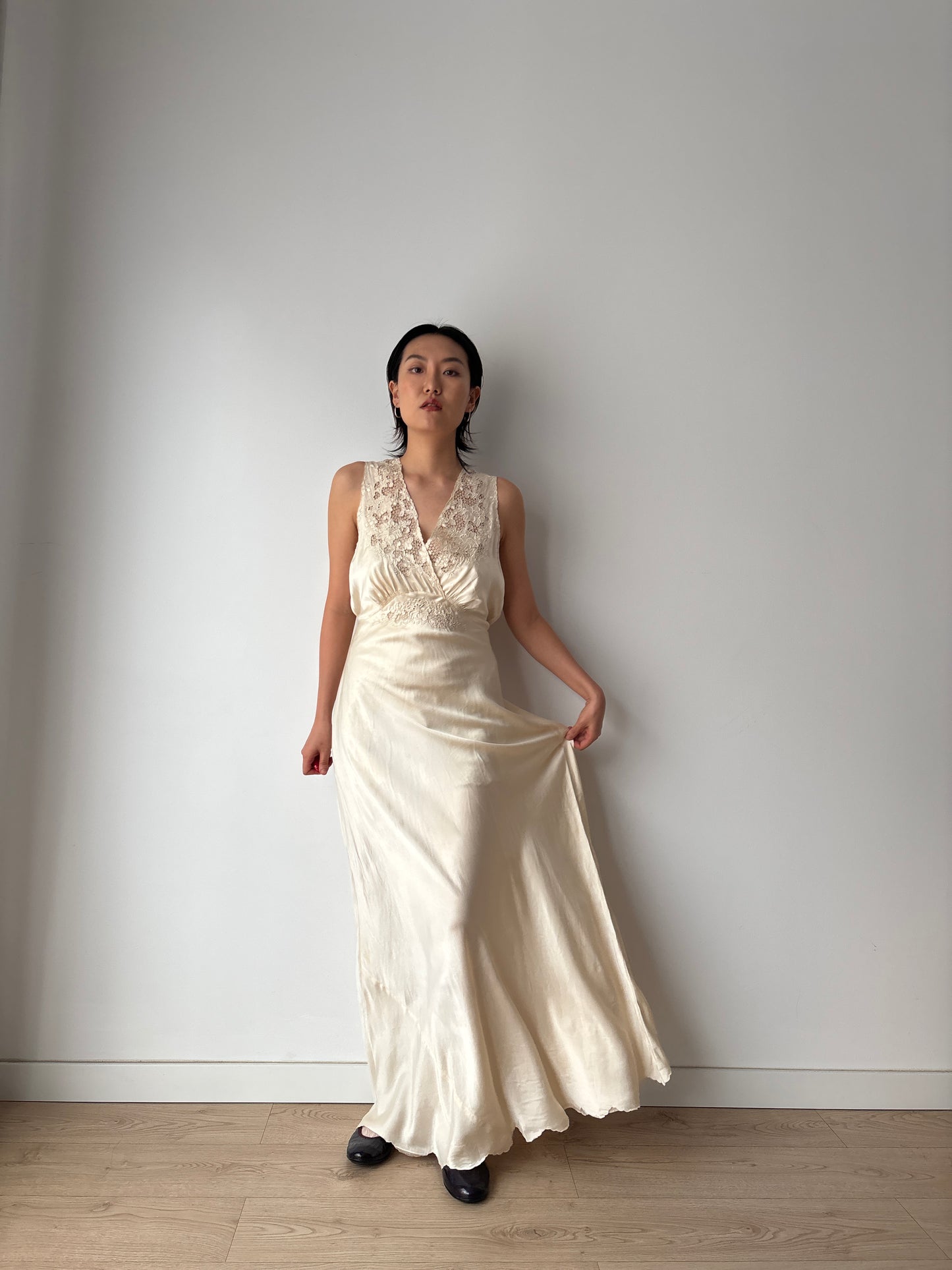 Vintage 1930s Silk Satin Nightgown: Lace Art Deco Maxi Slip Dress