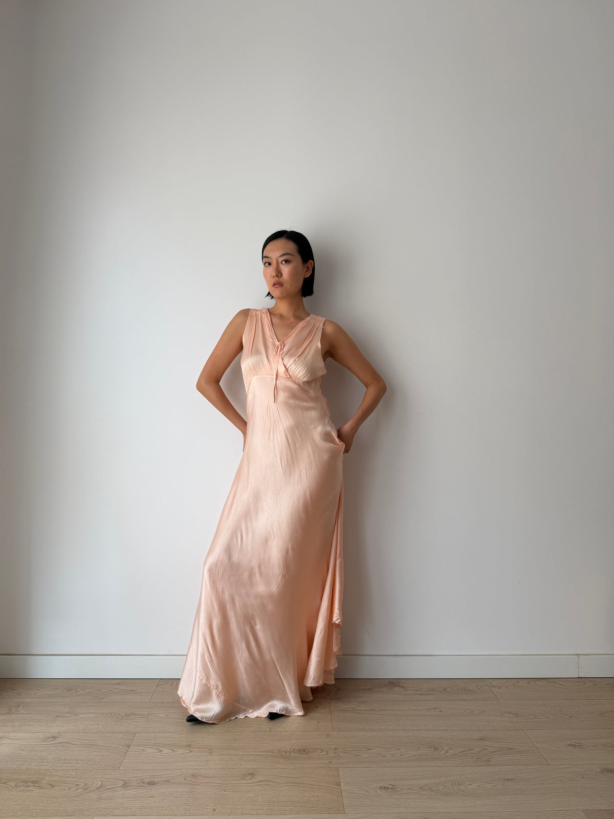 1940s Pale Peach Silk Satin Maxi Dress | Romantic Blush Bias Cut Gown, Tie Neck, Floor Length