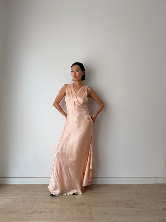 1940s Pale Peach Silk Satin Maxi Dress | Romantic Blush Bias Cut Gown, Tie Neck, Floor Length