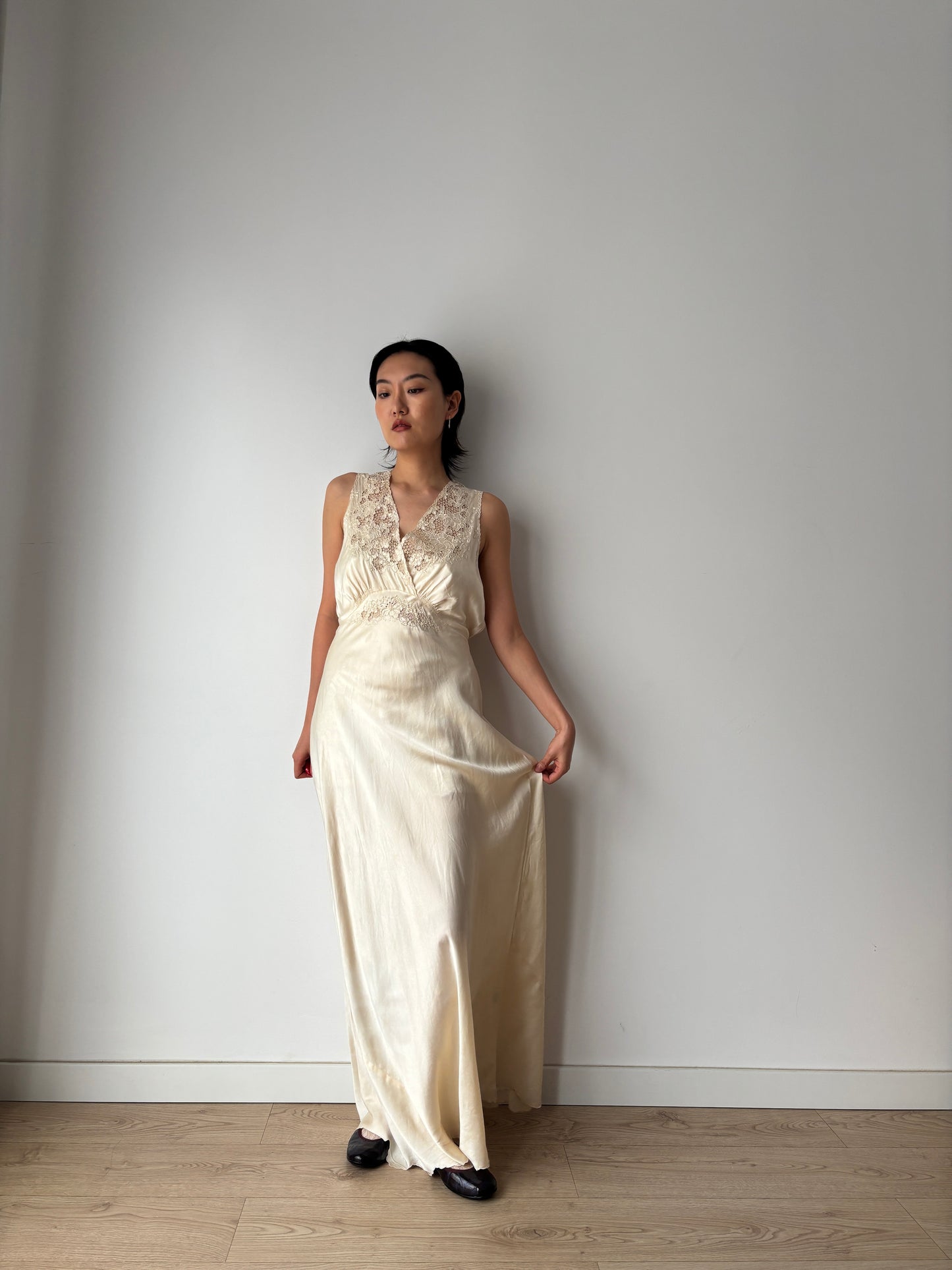 Vintage 1930s Silk Satin Nightgown: Lace Art Deco Maxi Slip Dress