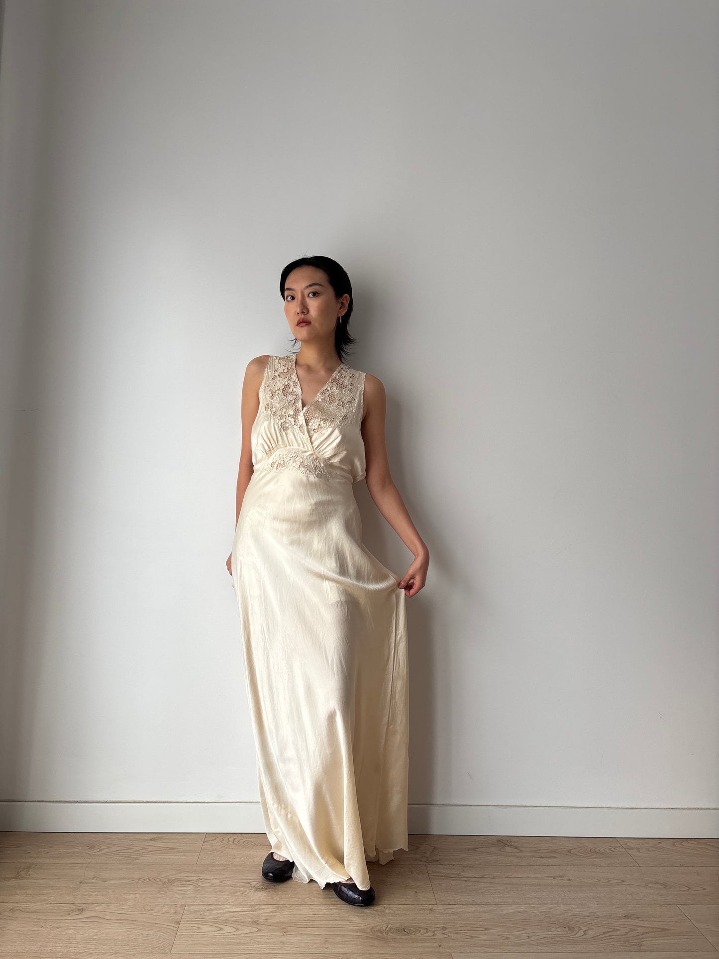 Vintage 1930s Silk Satin Nightgown: Lace Art Deco Maxi Slip Dress