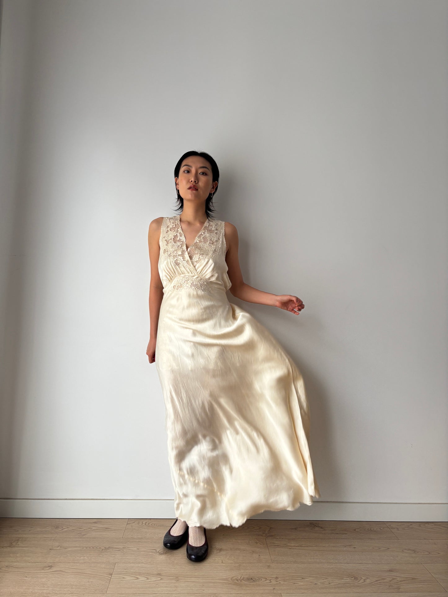 Vintage 1930s Silk Satin Nightgown: Lace Art Deco Maxi Slip Dress