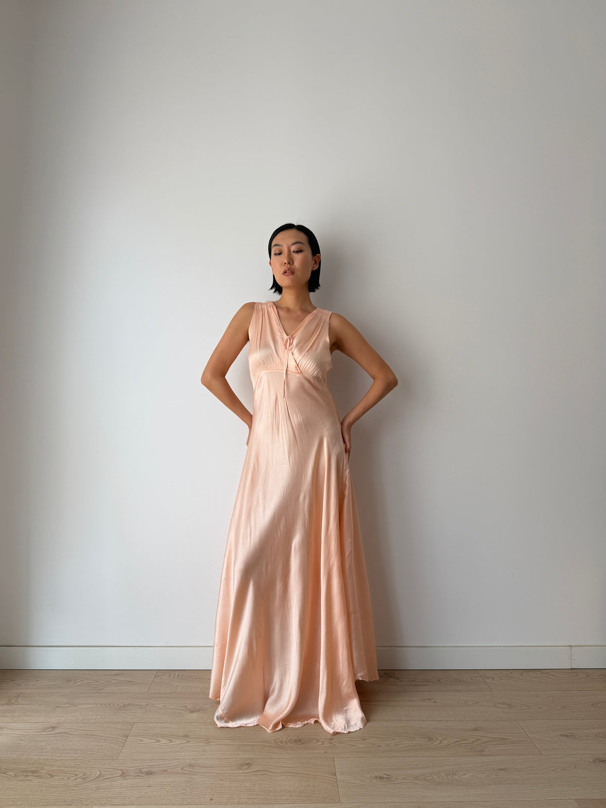 1940s Pale Peach Silk Satin Maxi Dress | Romantic Blush Bias Cut Gown, Tie Neck, Floor Length