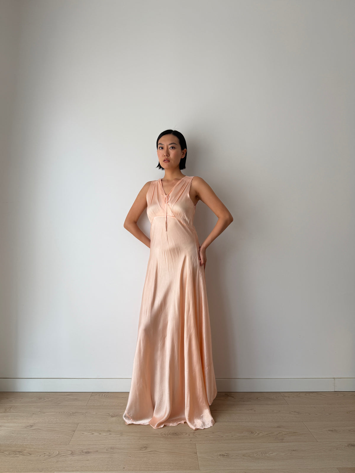 1940s Pale Peach Silk Satin Maxi Dress | Romantic Blush Bias Cut Gown, Tie Neck, Floor Length