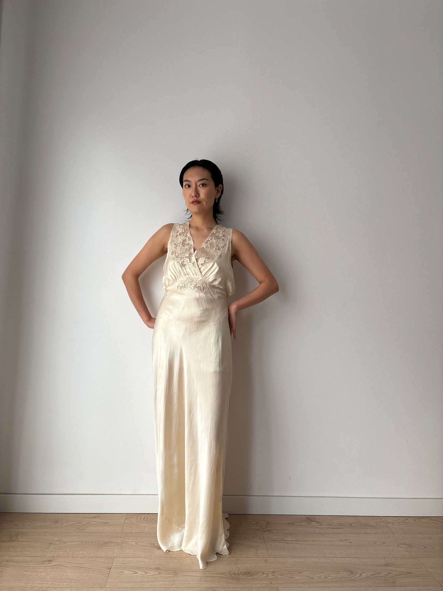 Vintage 1930s Silk Satin Nightgown: Lace Art Deco Maxi Slip Dress