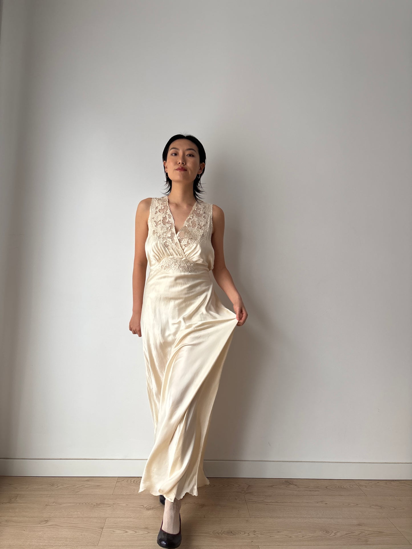 Vintage 1930s Silk Satin Nightgown: Lace Art Deco Maxi Slip Dress