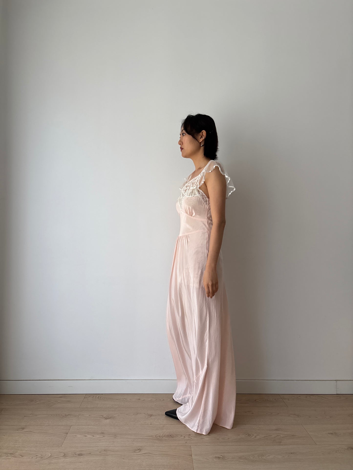 1940s Rayon Dress: Antique Pastel Pink Lace Bias Cut Gown