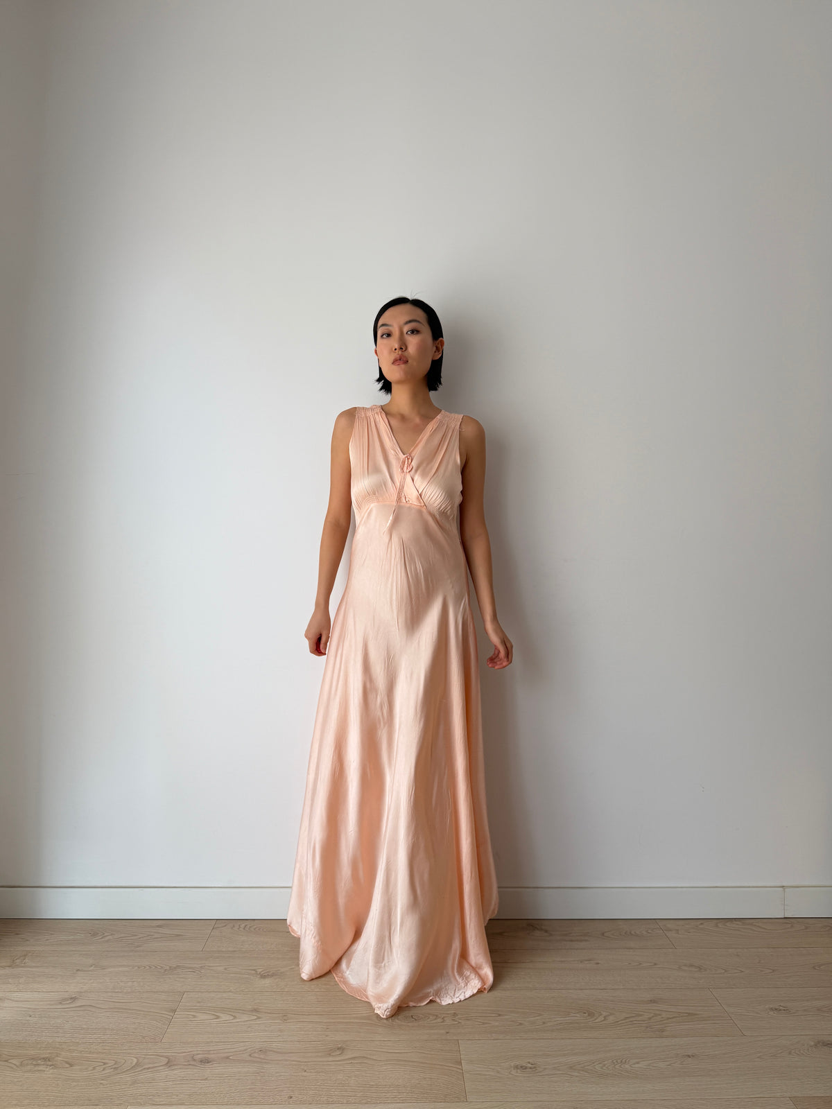 1940s Pale Peach Silk Satin Maxi Dress | Romantic Blush Bias Cut Gown, Tie Neck, Floor Length