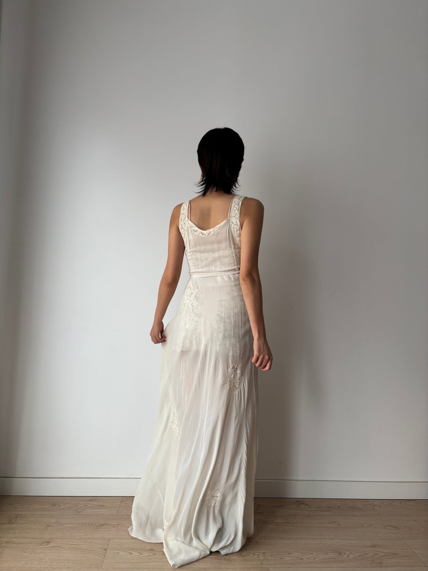 1930s Pure Silk Chiffon Lace Bridal Dress: Antique Bias Cut Nightgown