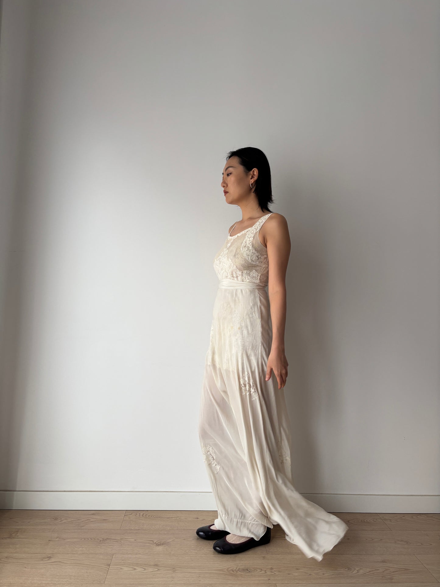 1930s Pure Silk Chiffon Lace Bridal Dress: Antique Bias Cut Nightgown