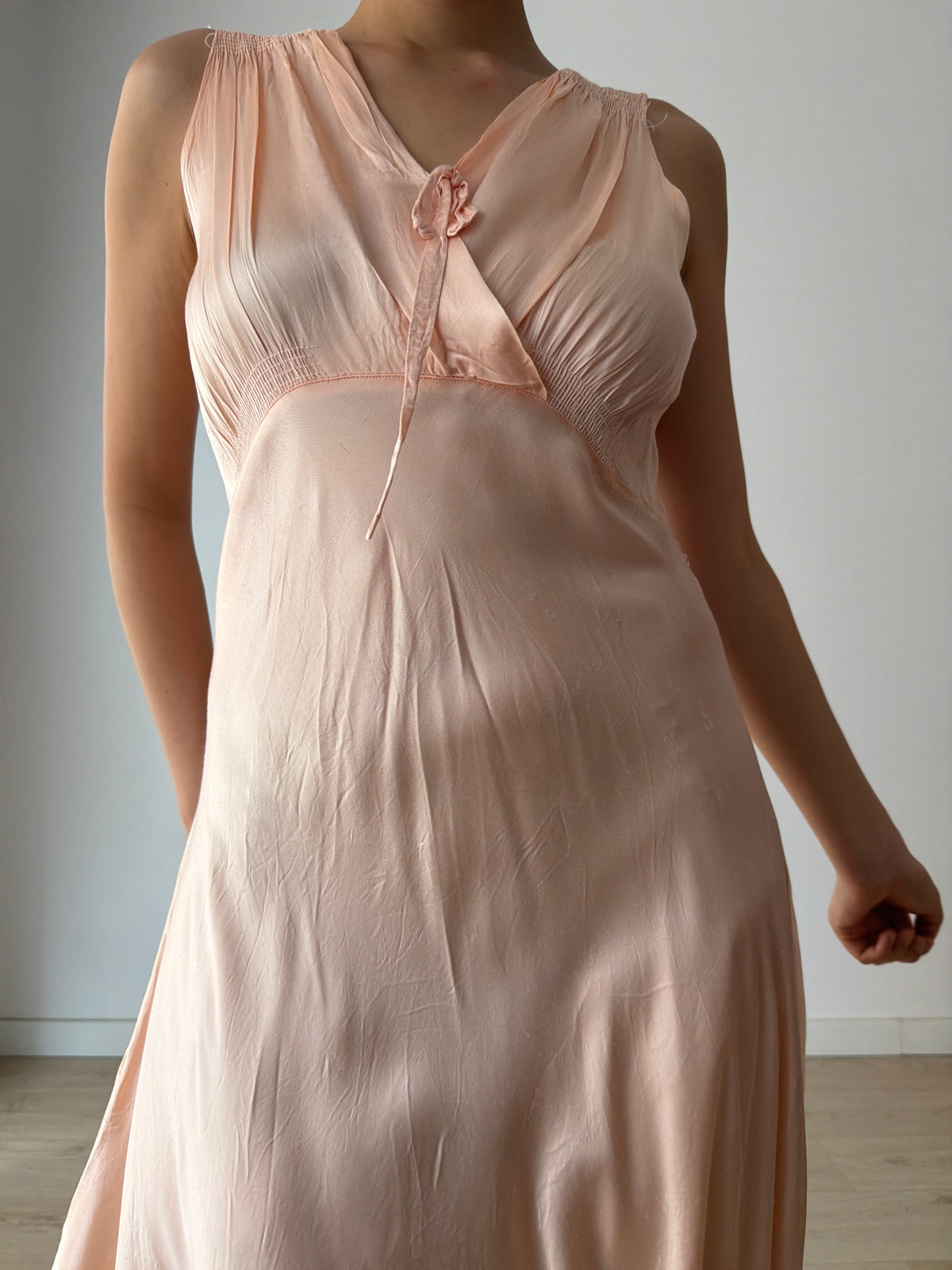 1940s Pale Peach Silk Satin Maxi Dress | Romantic Blush Bias Cut Gown, Tie Neck, Floor Length