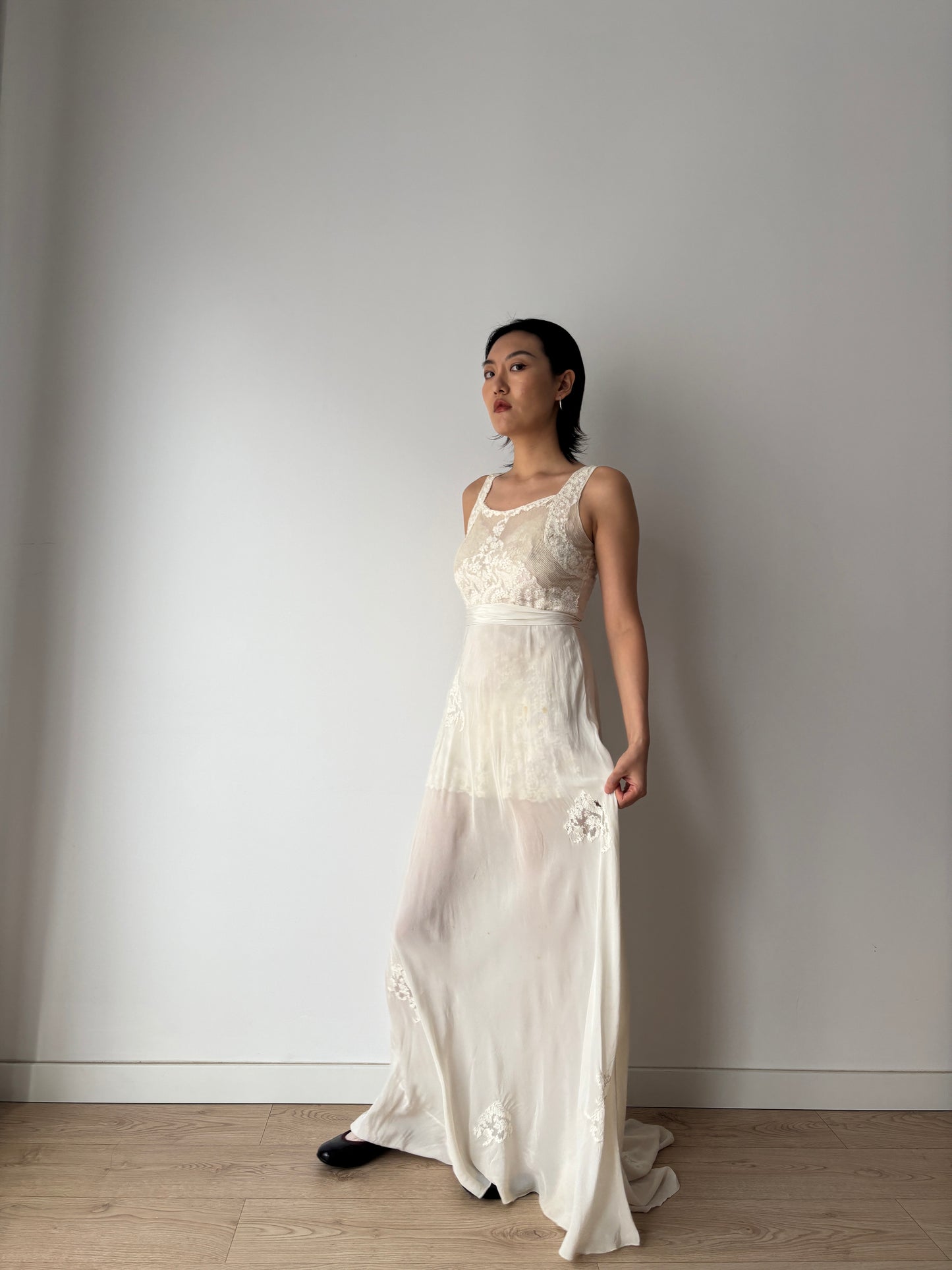 1930s Pure Silk Chiffon Lace Bridal Dress: Antique Bias Cut Nightgown