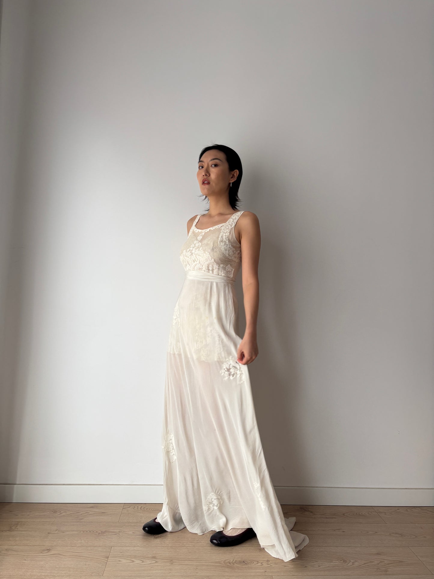 1930s Pure Silk Chiffon Lace Bridal Dress: Antique Bias Cut Nightgown