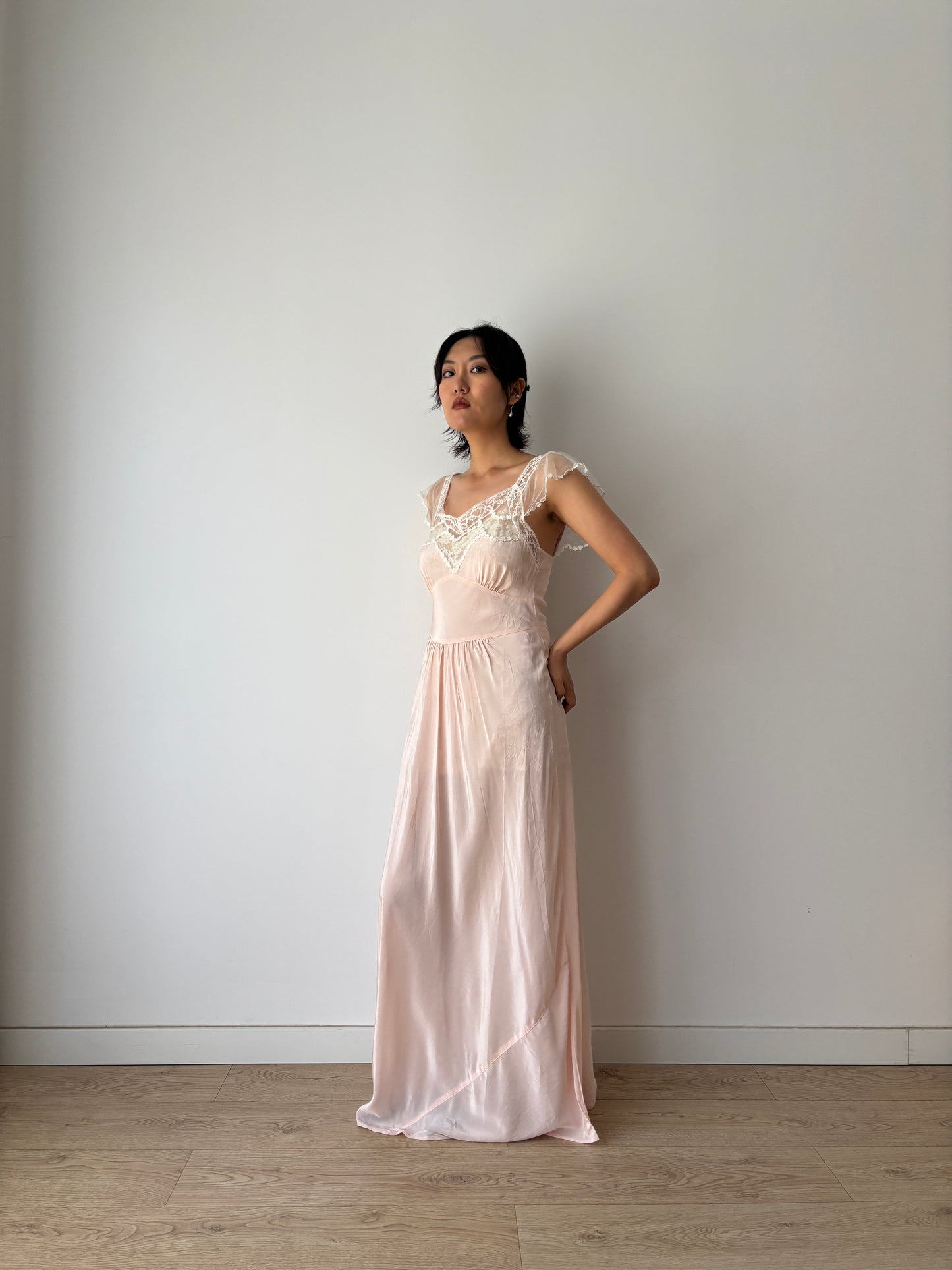 1940s Rayon Dress: Antique Pastel Pink Lace Bias Cut Gown