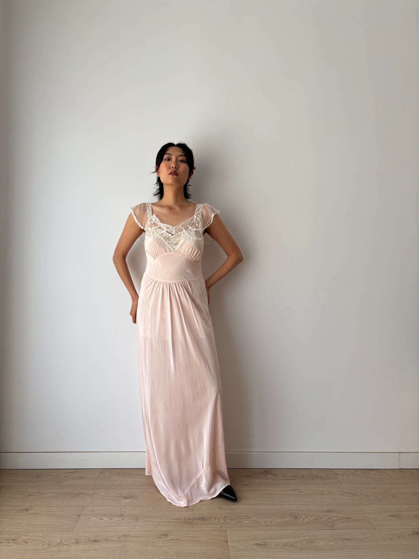 1940s Rayon Dress: Antique Pastel Pink Lace Bias Cut Gown