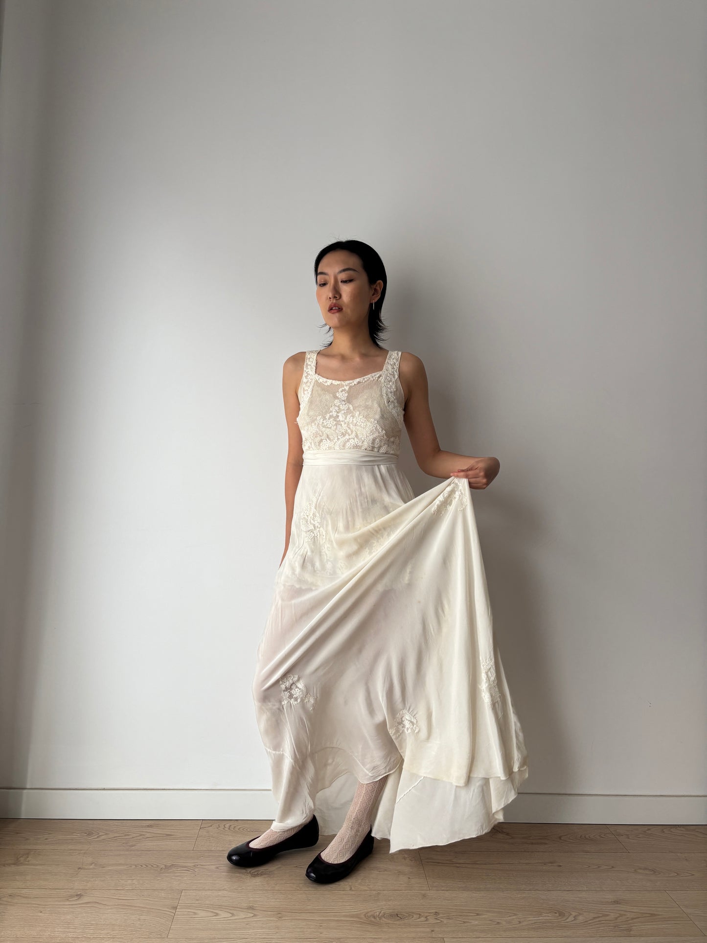 1930s Pure Silk Chiffon Lace Bridal Dress: Antique Bias Cut Nightgown