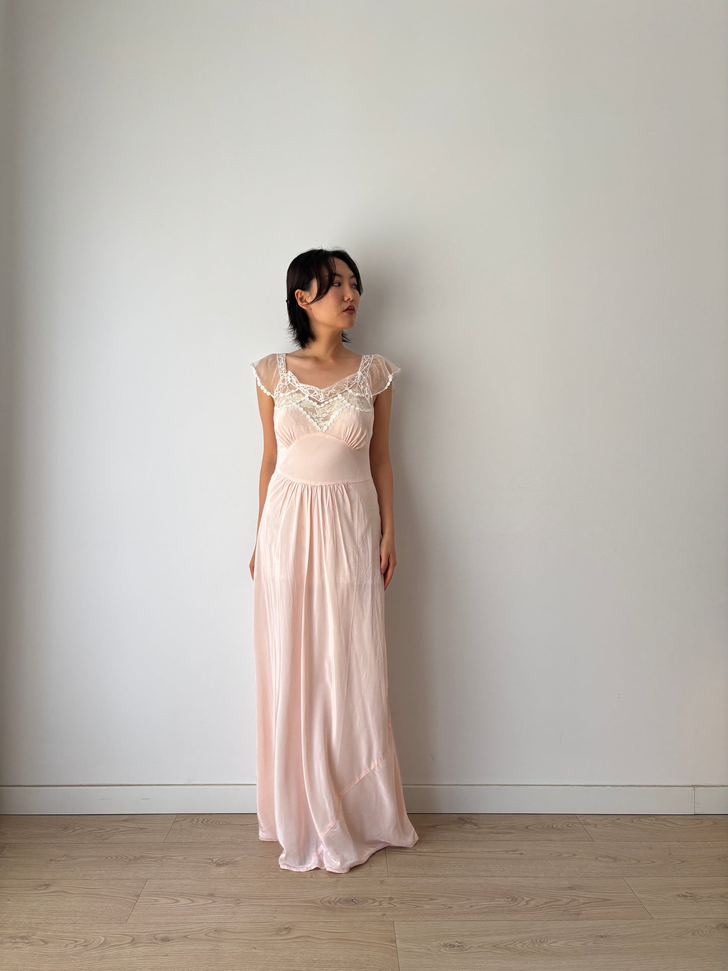 1940s Rayon Dress: Antique Pastel Pink Lace Bias Cut Gown