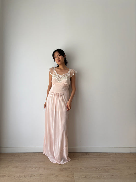 1940s Rayon Dress: Antique Pastel Pink Lace Bias Cut Gown